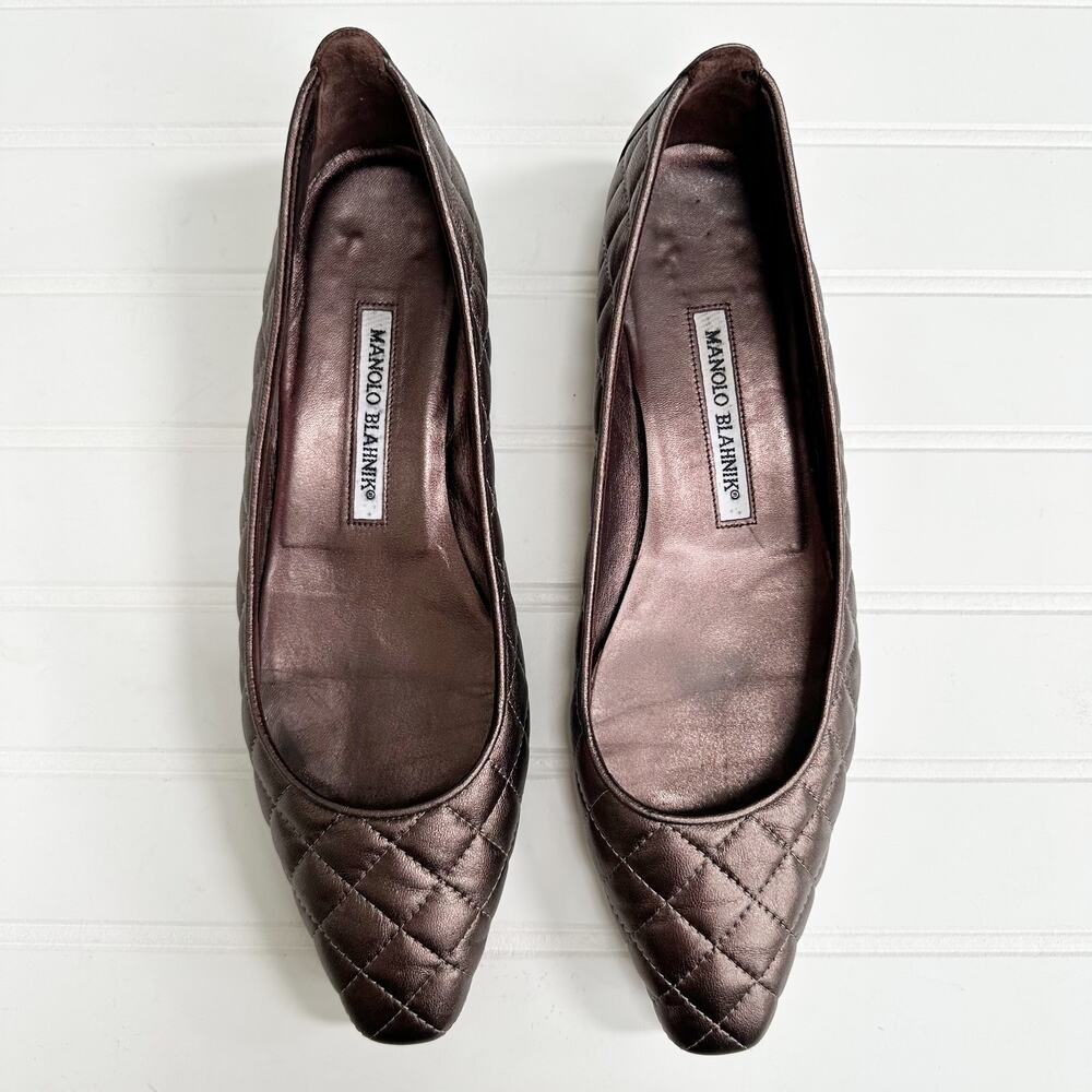 Manolo Blahnik Ballet Flats Quilted Leather Bronze Black Almond Toe 38.5 8.5